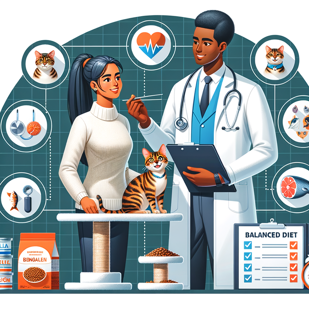 Veterinarian providing Bengal cat health tips to a cat owner, emphasizing on Bengal cat care, diet, exercise, wellness, and health issues for a happy and healthy Bengal cat.
