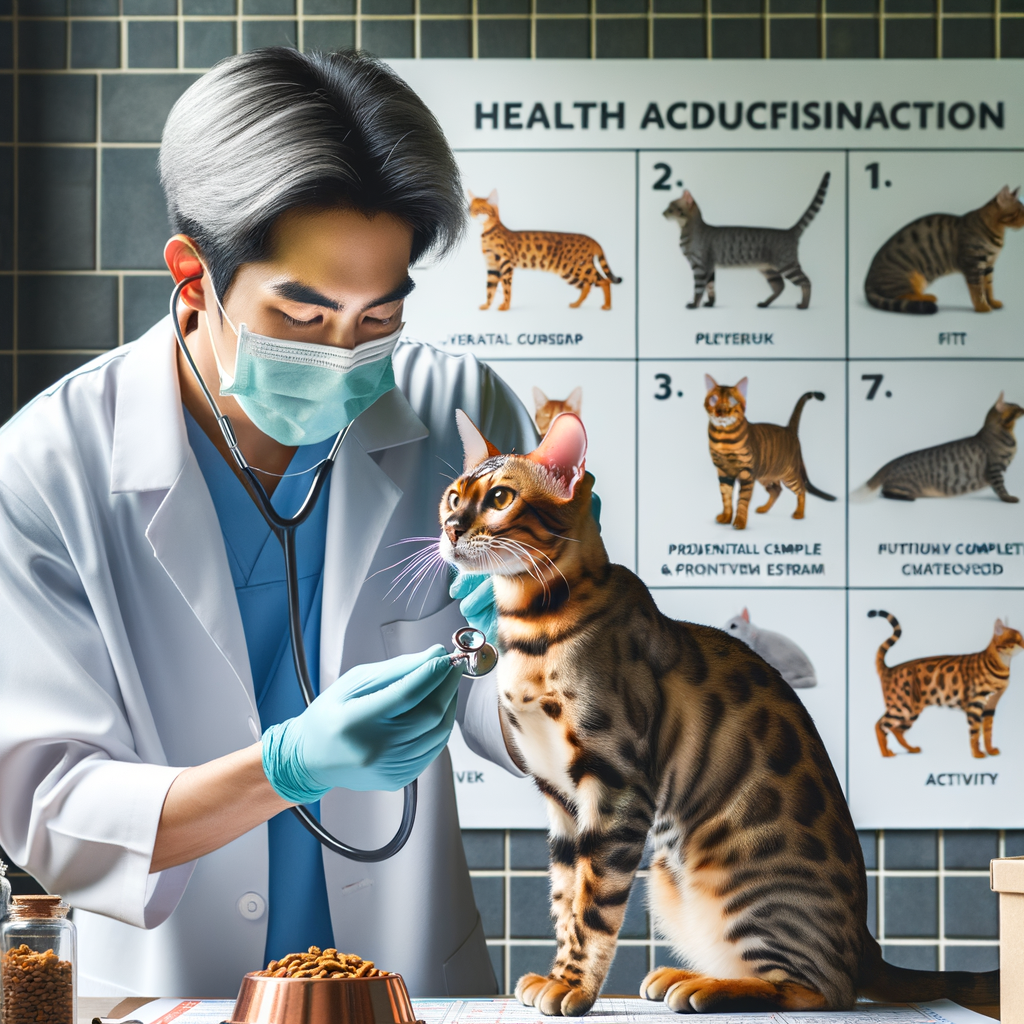 Veterinarian performing a Bengal Cat Health Check, illustrating Bengal Cat Health Tips and Preventive Care for Bengal Cats, promoting Bengal Cat Health and Longevity with a Healthy Bengal Cat Diet and Exercise, addressing Bengal Cat Health Issues for a longer Bengal Cat Lifespan.