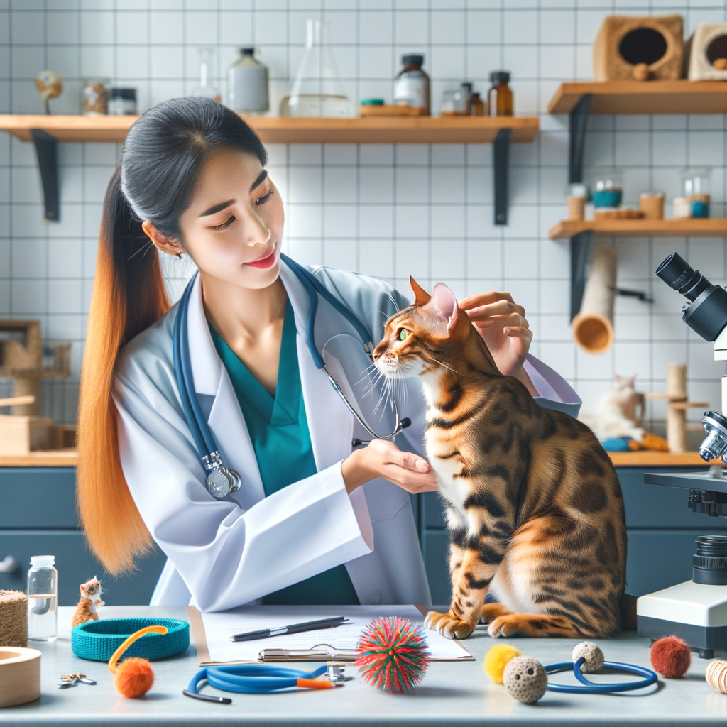 Veterinarian implementing enrichment strategies for improving Bengal cat's mental health in a clean clinic, highlighting the importance of cat mental health issues and Bengal cat care.