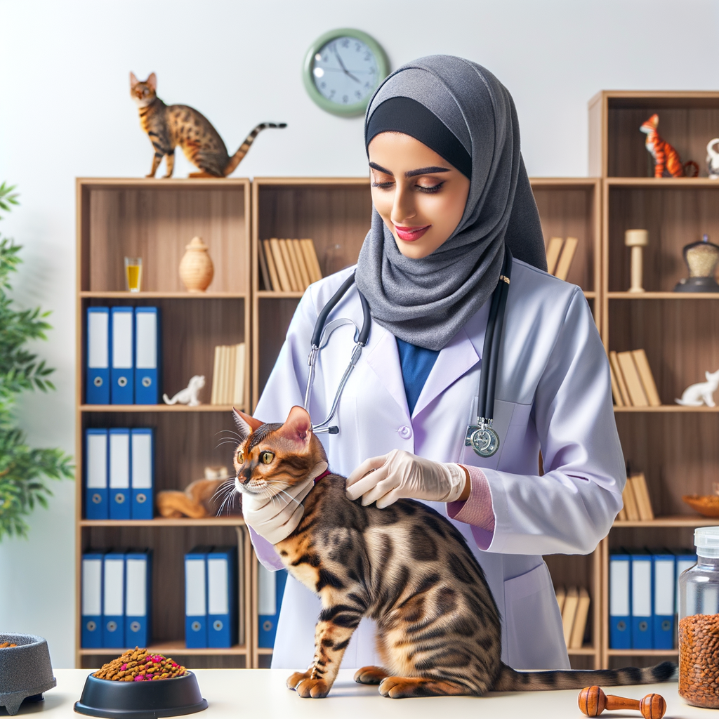 Veterinarian performing a Bengal Cat Health Check in a clinic, showcasing preventive care and tips on Bengal Cat Care, Diet, Exercise, and addressing Bengal Cat Health Issues for maintaining optimal Bengal Cat Health.