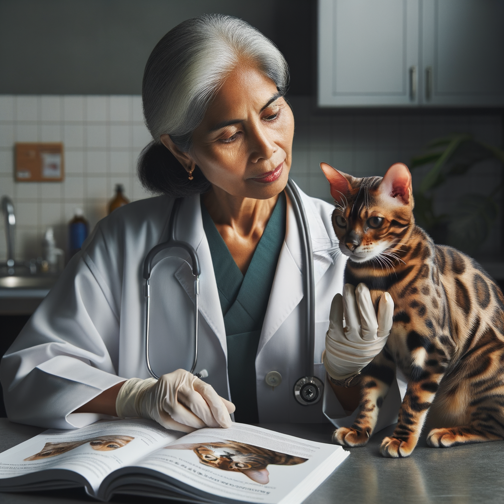Veterinarian addressing Bengal Cat Health Concerns, examining symptoms of a Bengal Cat illness in a clinic, with a guidebook on Bengal Cat Health Issues visible