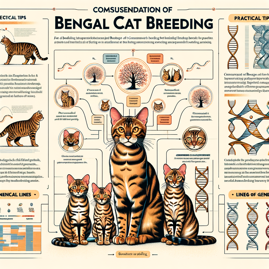 Infographic explaining Bengal cat breeding, understanding cat genetics, and Bengal cat lineage for a comprehensive breeding Bengals guide, featuring a Bengal cat ancestry family tree and DNA strand symbolizing genetics in cat breeding.