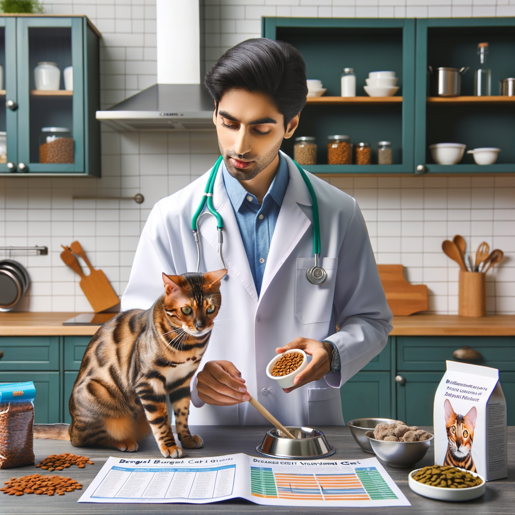Veterinarian preparing a balanced Bengal cat diet in a kitchen, with a Bengal cat nutrition guide, recommended food, and a chart of nutritional requirements for Bengals, emphasizing the importance of a healthy diet for Bengal cats.