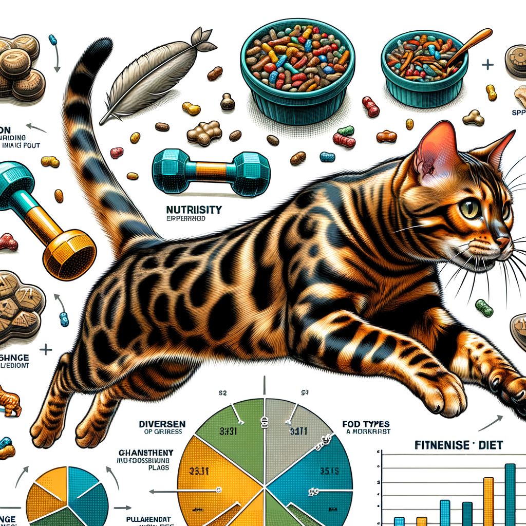 Bengal cat engaging in exercise routine with fitness toys and following a balanced diet plan, showcasing Bengal Cat Exercise Tips and Weight Management for a Healthy Bengal Cat lifestyle