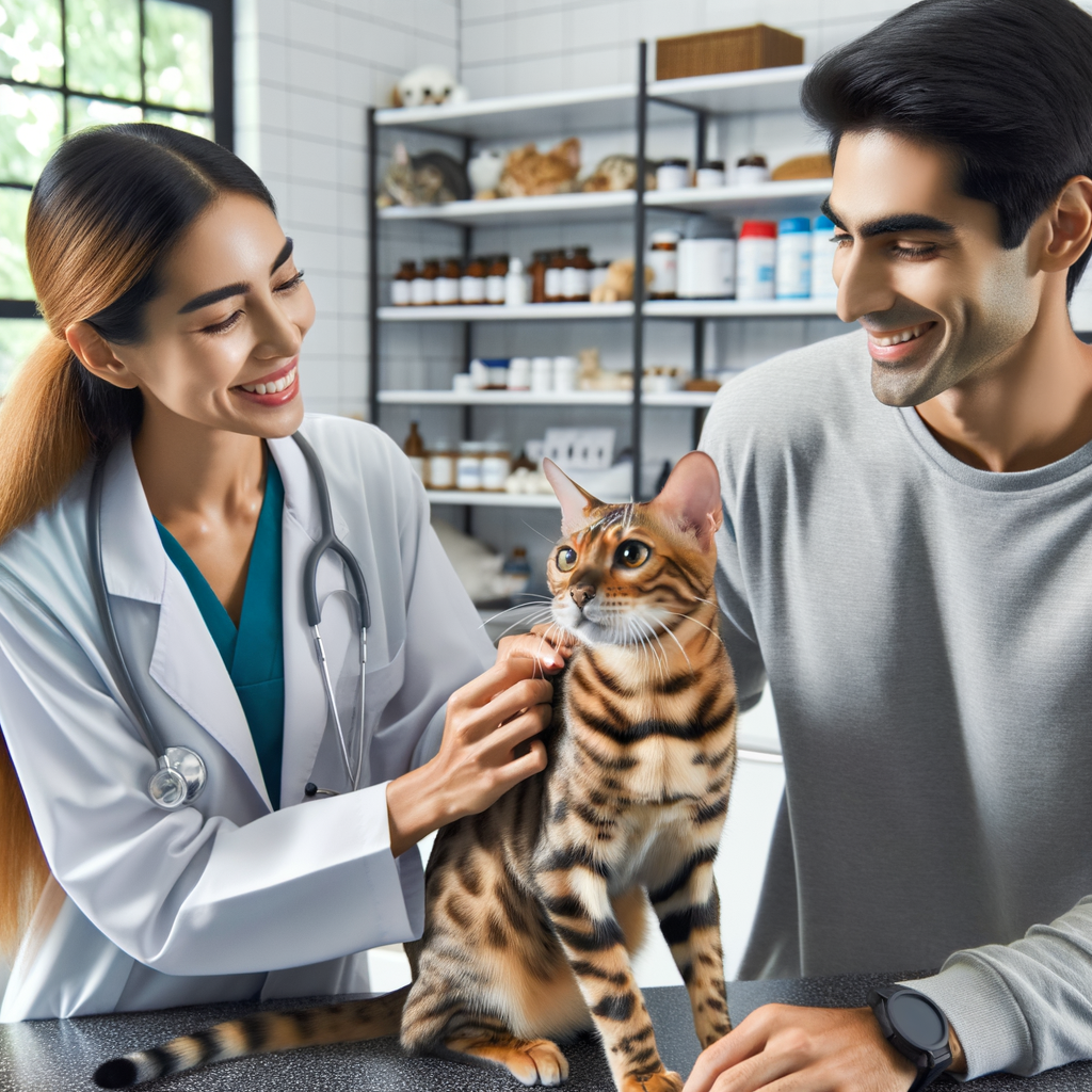 Professional veterinarian providing Bengal Cat Care Tips for optimal Bengal Cat Health and Happiness in a well-equipped clinic, prioritizing cat care and illustrating Bengal Cat Maintenance for a Healthy and Happy Bengal Cat.
