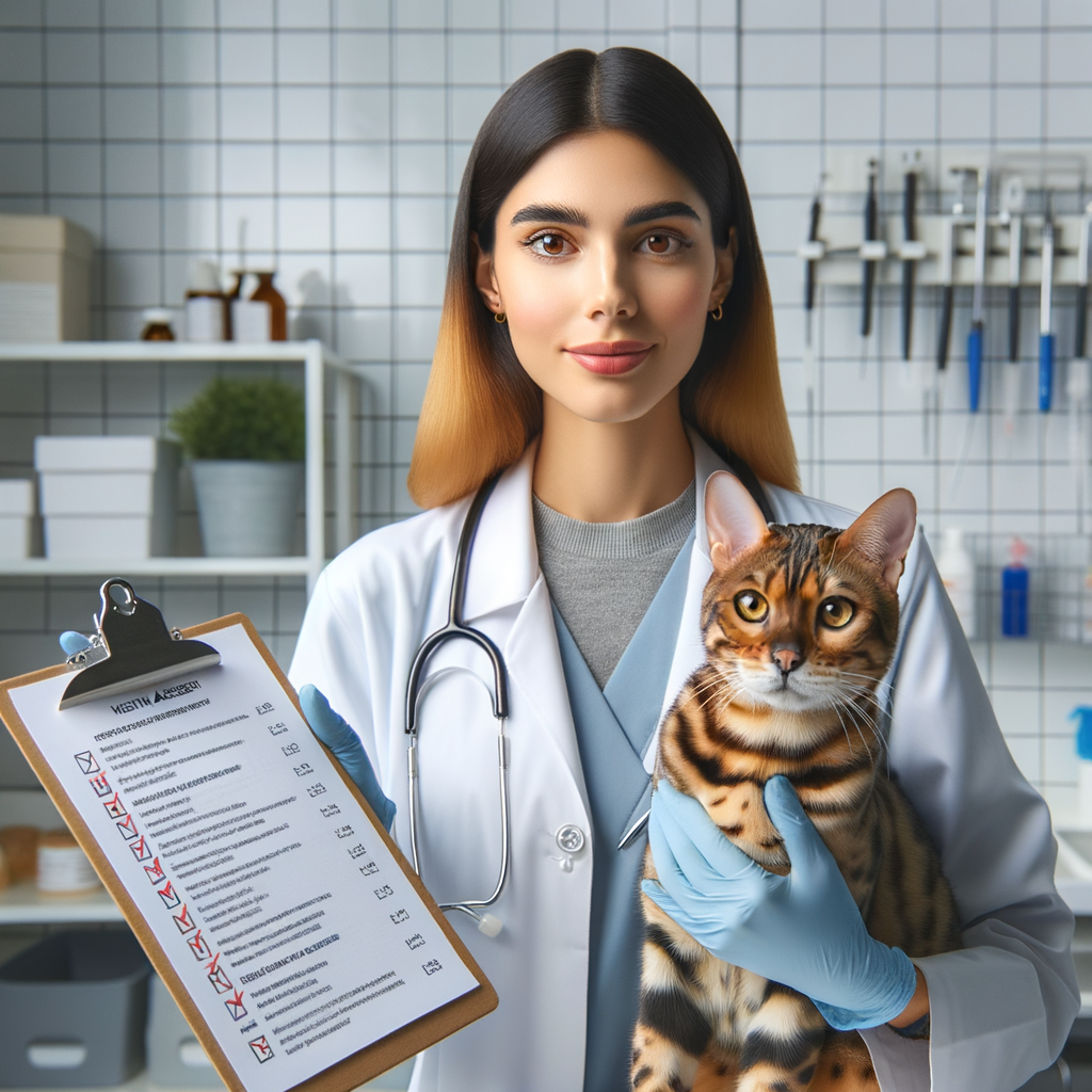 Veterinarian performing a regular health assessment on a Bengal cat, emphasizing the importance of Bengal cat health checkups, regular vet visits, and proper cat health care.