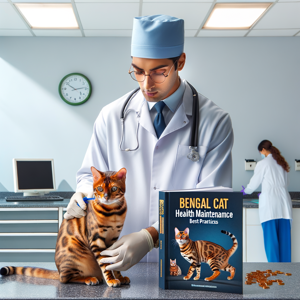 Veterinarian conducting a health check-up on a Bengal cat in a clinic, emphasizing the importance of Bengal Cat Health Maintenance and Care to prevent health issues, with a guidebook on Best Practices for Bengal Cat Health visible on the table.