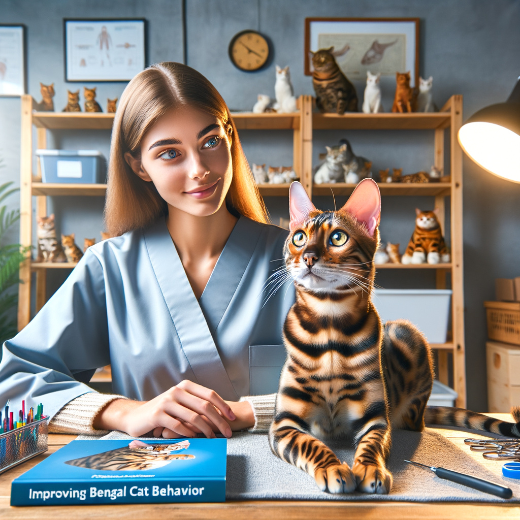 Professional cat trainer applying Bengal cat behavior modification techniques with an attentive Bengal cat, showcasing various training tools and a guidebook for improving Bengal cat behavior.