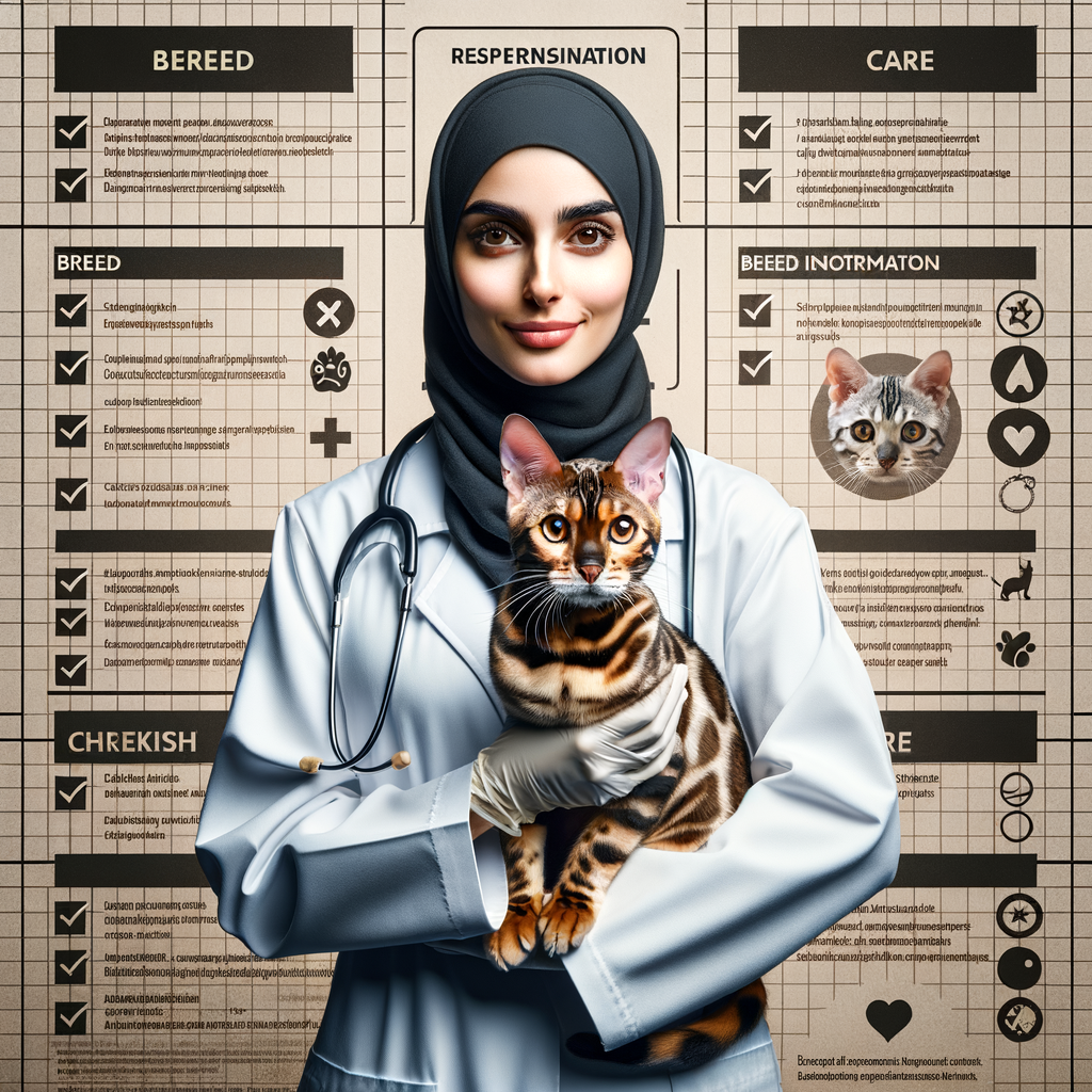 Veterinarian holding a Bengal cat with a comprehensive Bengal cat adoption guide in the background, providing breed information, care tips, and characteristics for adopting a Bengal cat