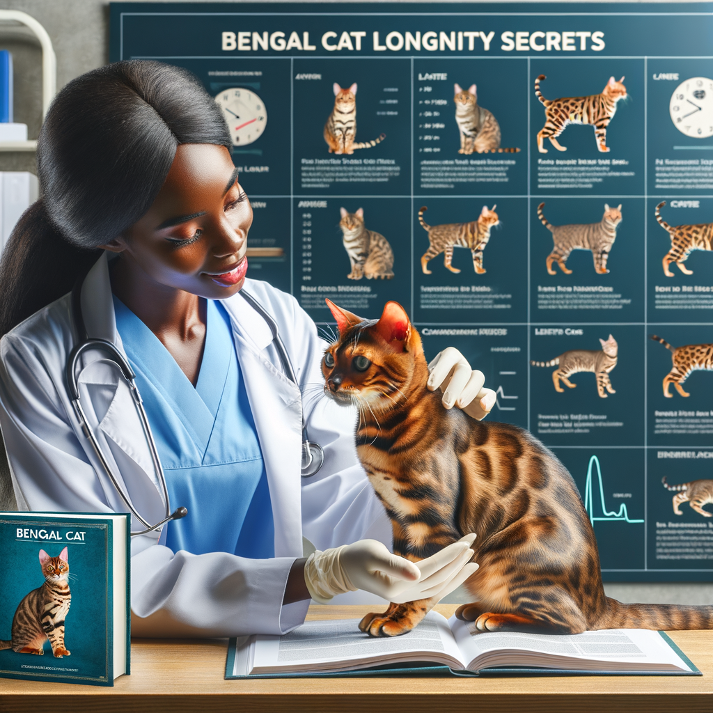 Veterinarian demonstrating Bengal cat care techniques for improved Bengal cat health and longevity, with a Bengal breed lifespan chart and 'Bengal Cat Longevity Secrets' book