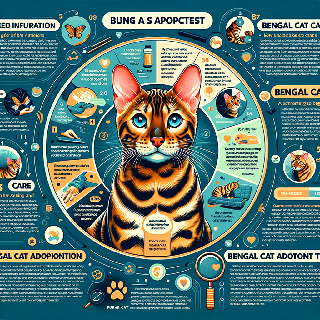 Infographic on Bengal Cat Adoption process, featuring Bengal Cat Breed Information, Care, Adoption Tips, Rescue, and FAQs for a comprehensive guide on Adopting Bengal Cats.