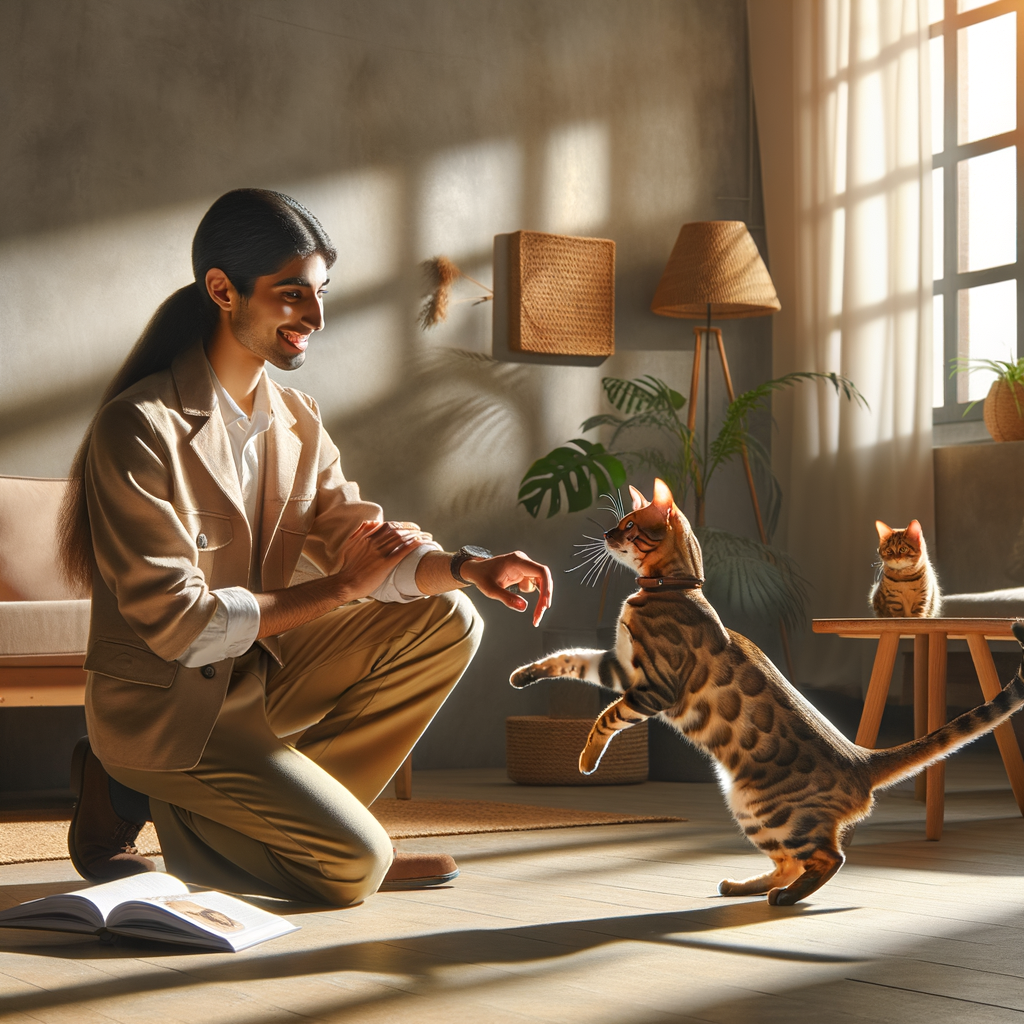 Bengal cat trainer demonstrating trust-building and bonding techniques with playful Bengal cat in a home environment, enhancing trust and understanding Bengal cat behavior for a stronger relationship