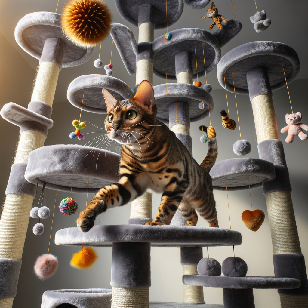 Bengal cat energetically climbing a cat tree surrounded by toys, showcasing exercise tips and activity ideas for a healthy Bengal cat fitness routine.