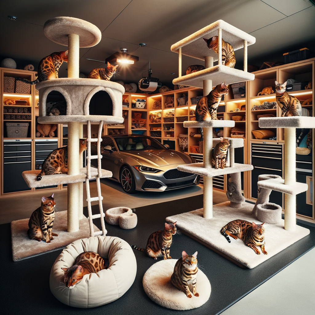 Bengal cat-friendly garage setup with climbing structures, cozy resting areas, and secure storage solutions for cat safety and enrichment.