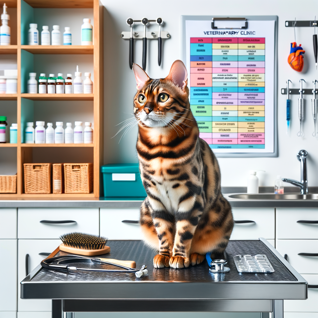 Bengal cat on a vet's table with health care items, illustrating a comprehensive Bengal cat health plan and wellness tips.