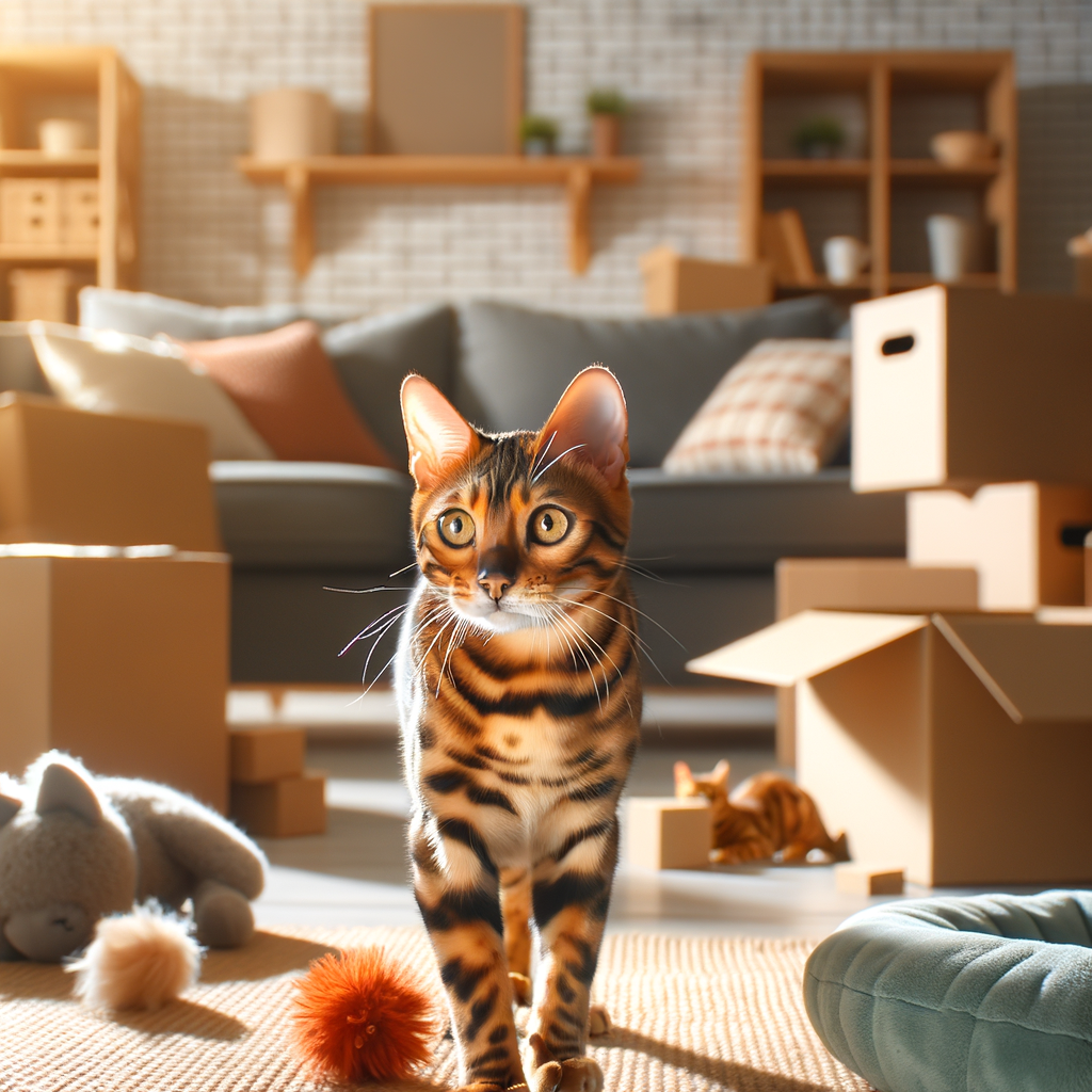 Bengal cat exploring a cozy living room with moving boxes, showcasing a stress-free transition to a new home.
