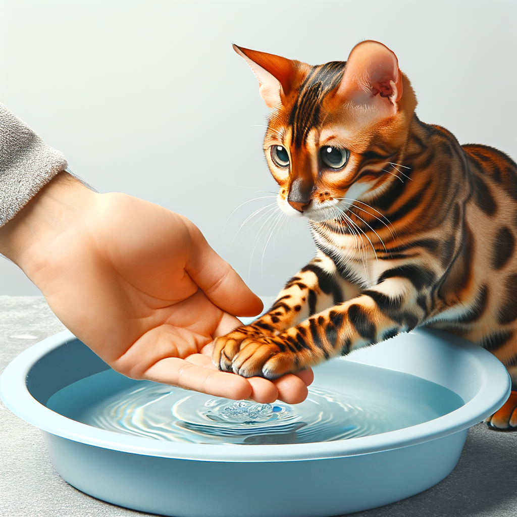 Bengal cat cautiously approaches water basin with reassuring hand nearby, illustrating Bengal cat water fear management and effective bathing tips.