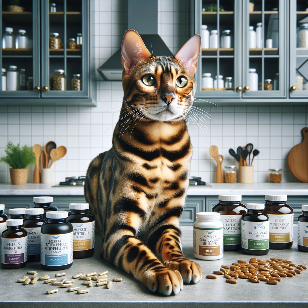 Bengal cat surrounded by Bengal cat supplements, vitamins, and natural health products on a modern kitchen countertop.