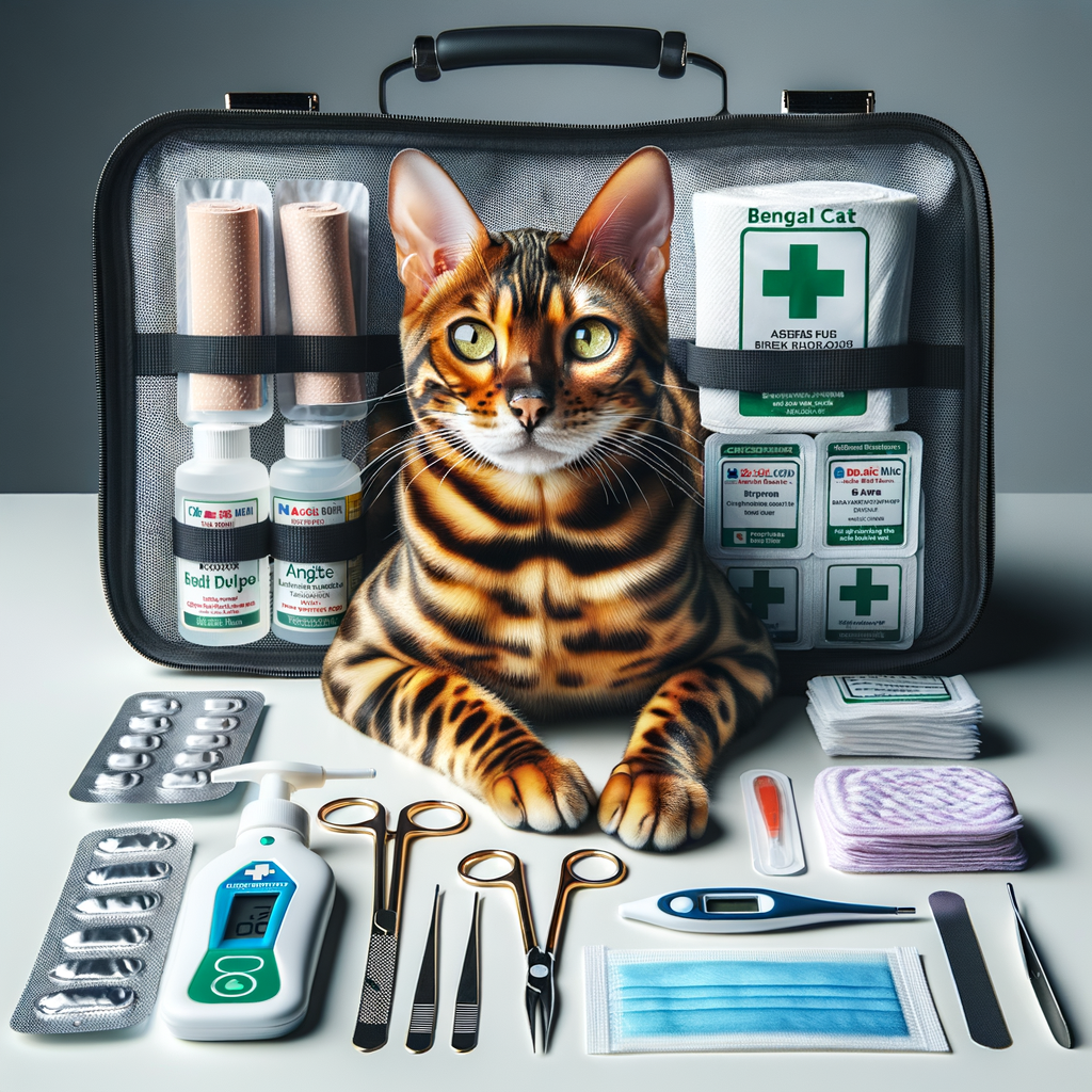 Bengal cat first aid essentials displayed with a calm Bengal cat, featuring bandages, antiseptic wipes, tweezers, and a digital thermometer.