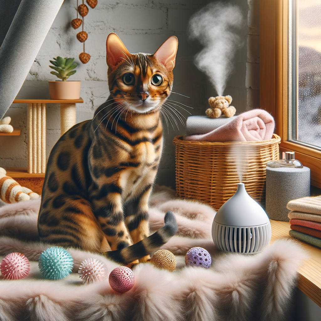 Bengal cat with an anxious expression on a cozy windowsill surrounded by calming elements, illustrating effective techniques for managing Bengal cat separation anxiety and promoting stress relief.