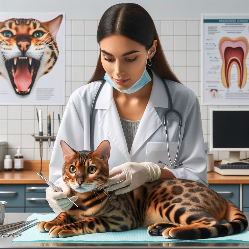 Bengal cat receiving a dental check-up at a vet clinic, highlighting the benefits of regular dental care for Bengal cats and maintaining their dental health.
