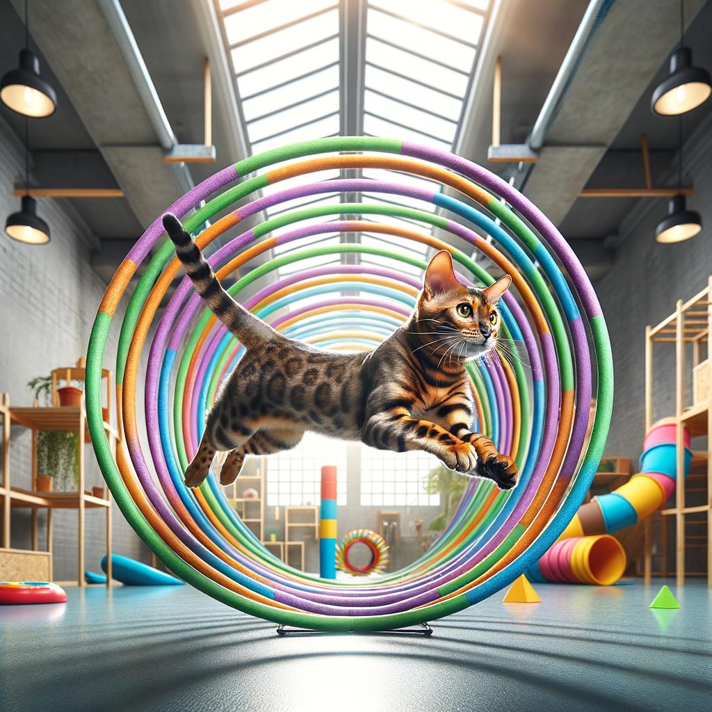 Bengal cat gracefully leaping through colorful agility hoops, highlighting the benefits of regular exercise for maintaining health and fitness.