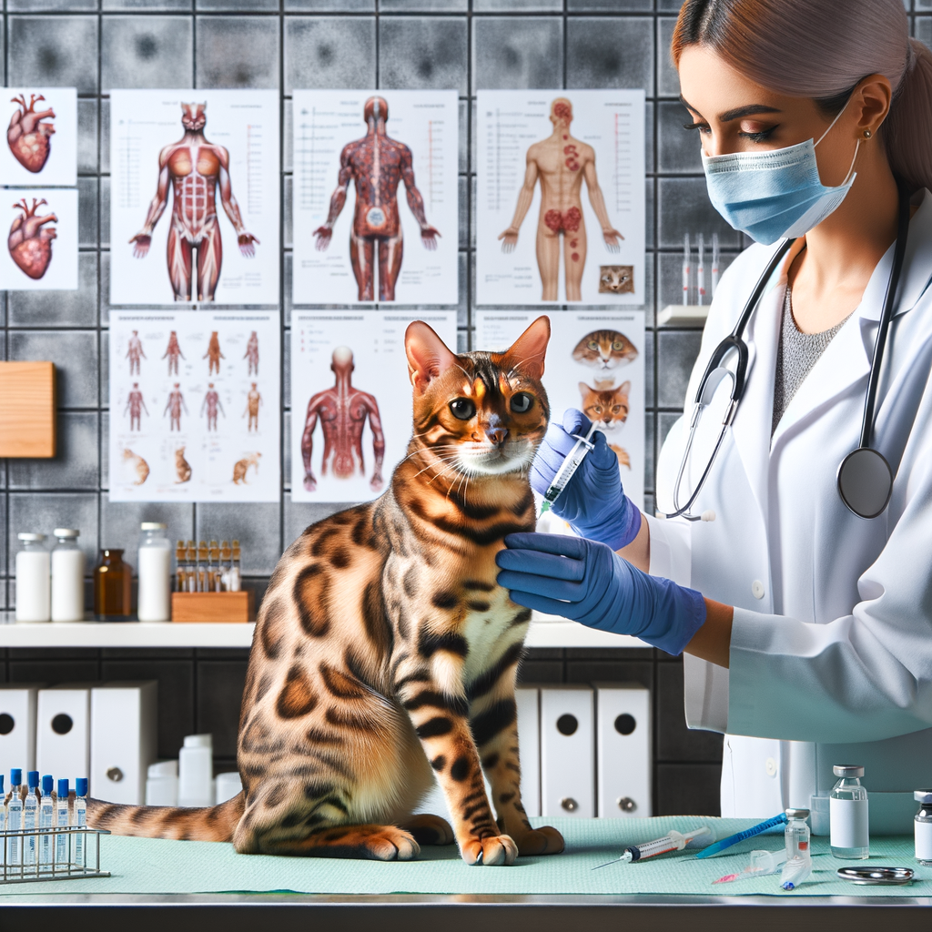 Bengal cat receiving a vaccination shot from a vet, highlighting the importance of regular vaccines for Bengal cats to maintain health and prevent diseases.