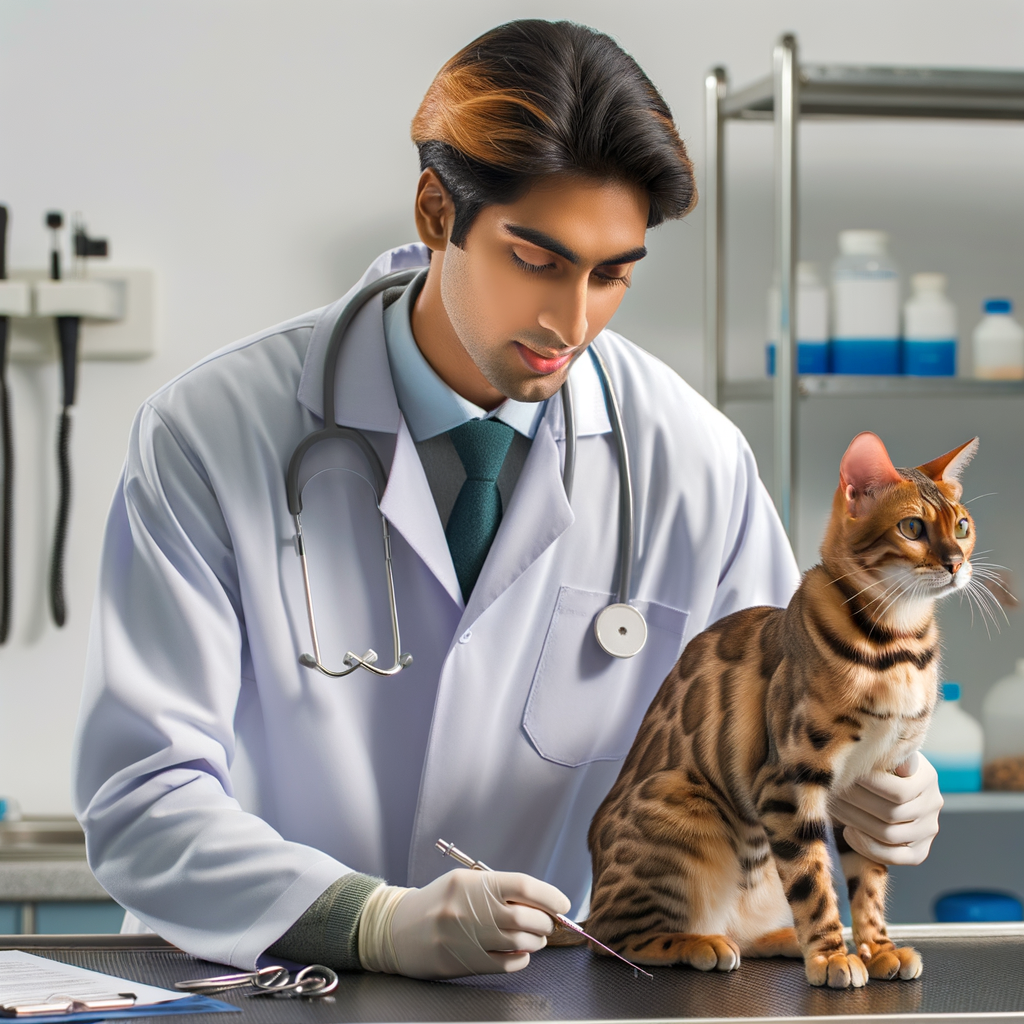 Professional veterinarian examines a healthy Bengal cat, emphasizing the importance of regular vet checkups and preventive care for Bengal cat health maintenance.
