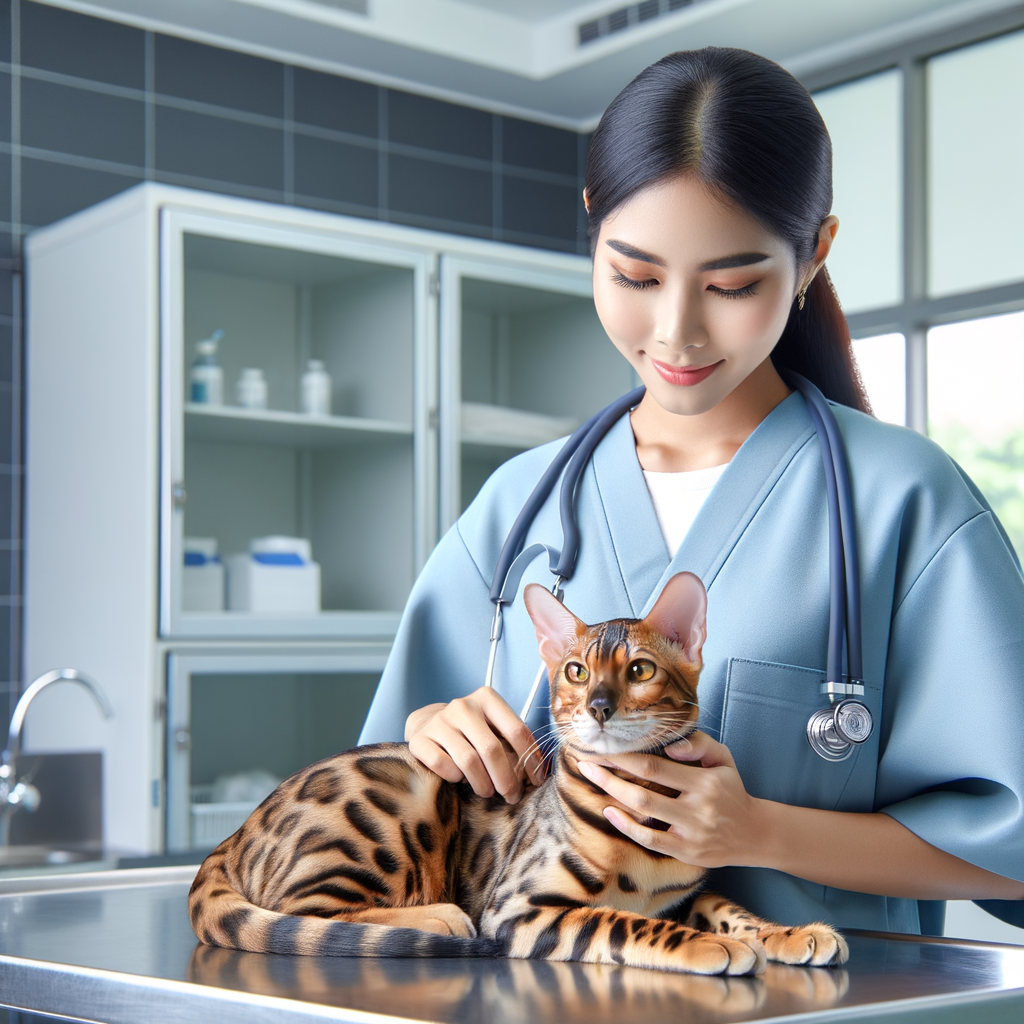 A veterinarian holds a Bengal cat on an exam table, highlighting the health benefits and population control of spaying and neutering Bengal cats in a well-equipped clinic.