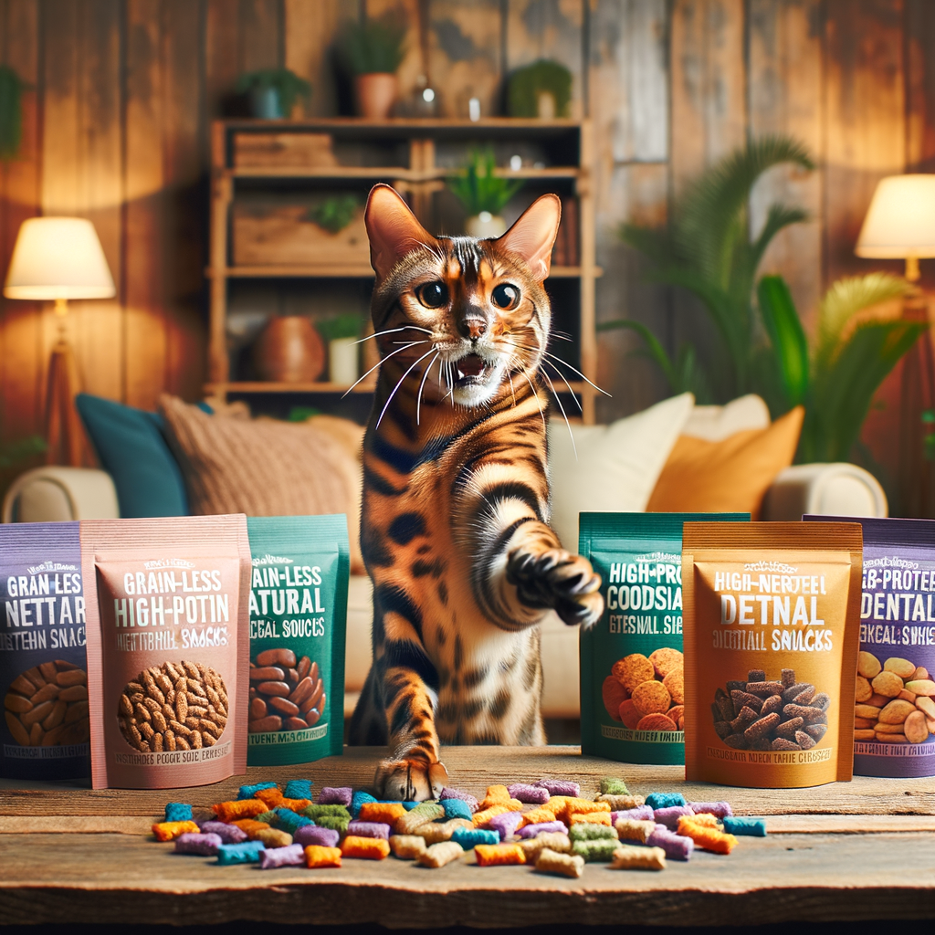 Bengal cat eagerly reaching for a variety of colorful, healthy treats on a wooden table, showcasing the best cat treats for Bengal cats, including grain-free, high-protein, organic, and dental options.
