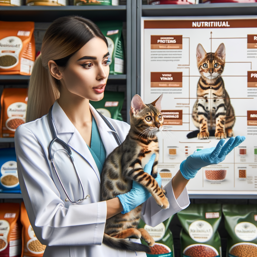 Professional veterinarian examining a Bengal kitten while discussing a detailed feeding guide, surrounded by high-quality food options and nutritional charts, illustrating the best diet for Bengal kittens.