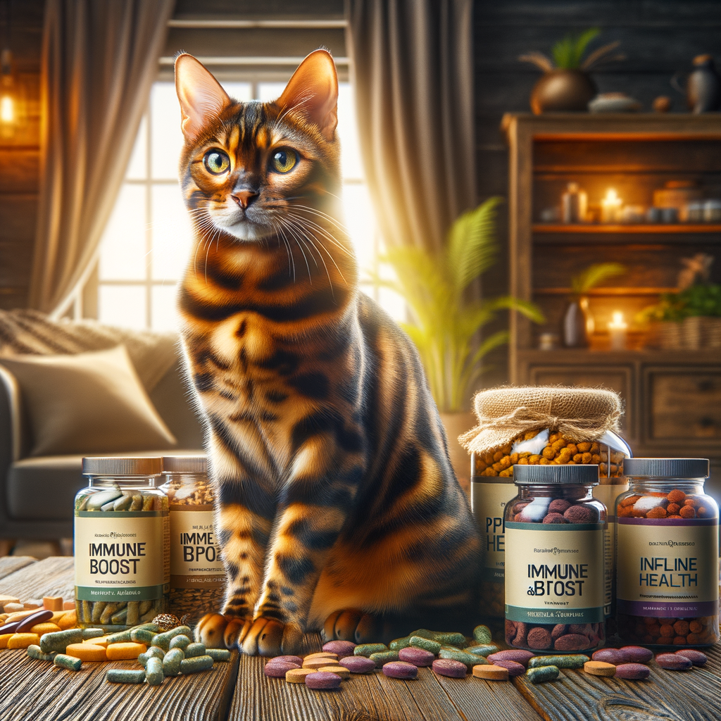 A Bengal cat beside natural supplements and nutritious food in a cozy home, showcasing the best supplements for Bengal cats to boost immune system and overall health.