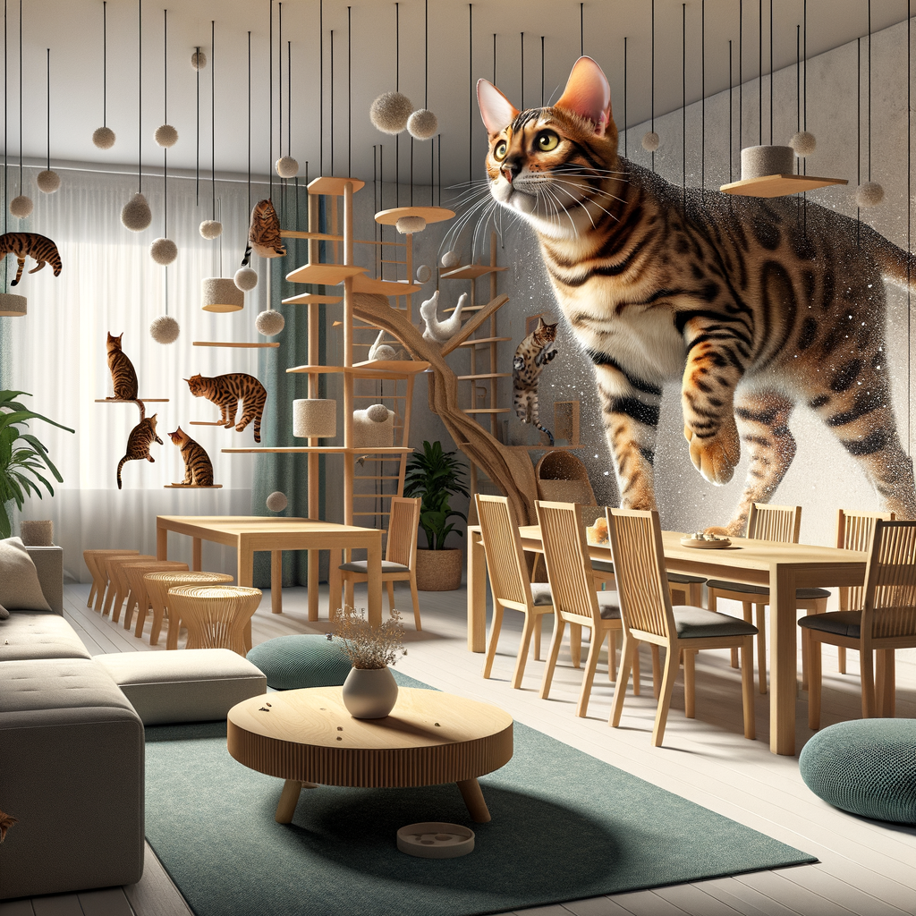 Bengal cat environment with climbing structures, toys, and cozy resting areas for enrichment and exercise needs.