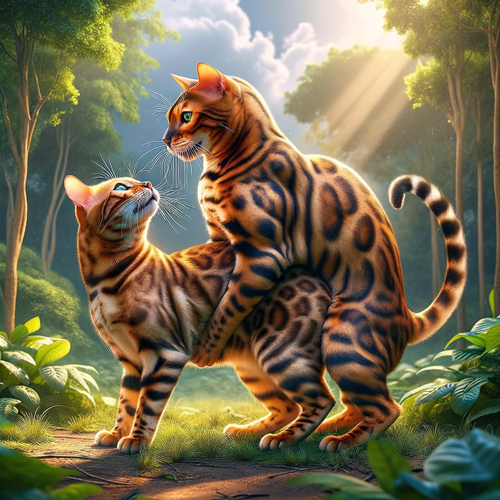 Bengal cats displaying courtship rituals and mating habits during the breeding season in a natural setting.