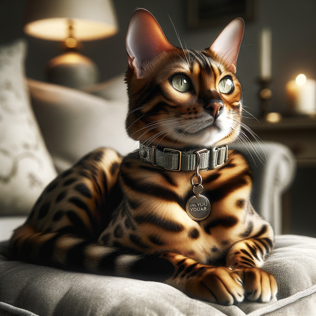 Sleek Bengal cat with a personalized, durable breakaway collar, sitting on a plush cushion, showcasing stylish and safe collar options for Bengal cats.