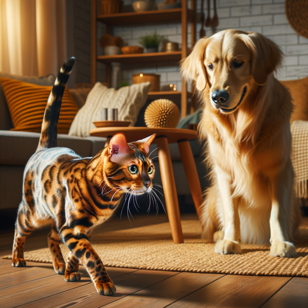 Introducing a Bengal cat to a new pet: A Bengal cat cautiously approaches a new dog in a cozy living room, highlighting their initial interaction and bonding process.