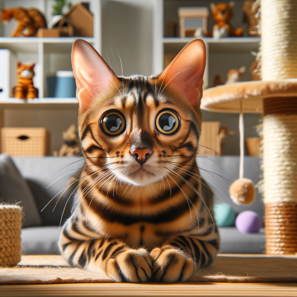 A stressed Bengal cat with dilated pupils and tense posture in a home setting, highlighting the impact of stress on Bengal cat health and efforts in managing stress in Bengal cats.