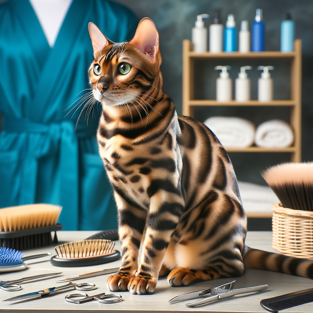 Bengal cat on grooming table with grooming tools, showcasing routine grooming for Bengal cats and best grooming practices.