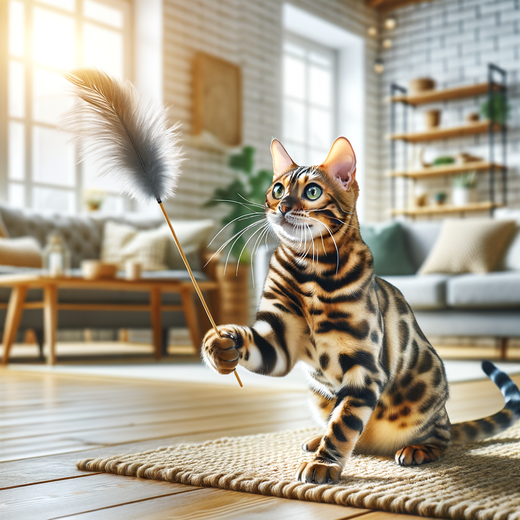 Bengal cat energetically playing with a feather wand in a spacious living room, highlighting Bengal cat exercise benefits and active lifestyle.