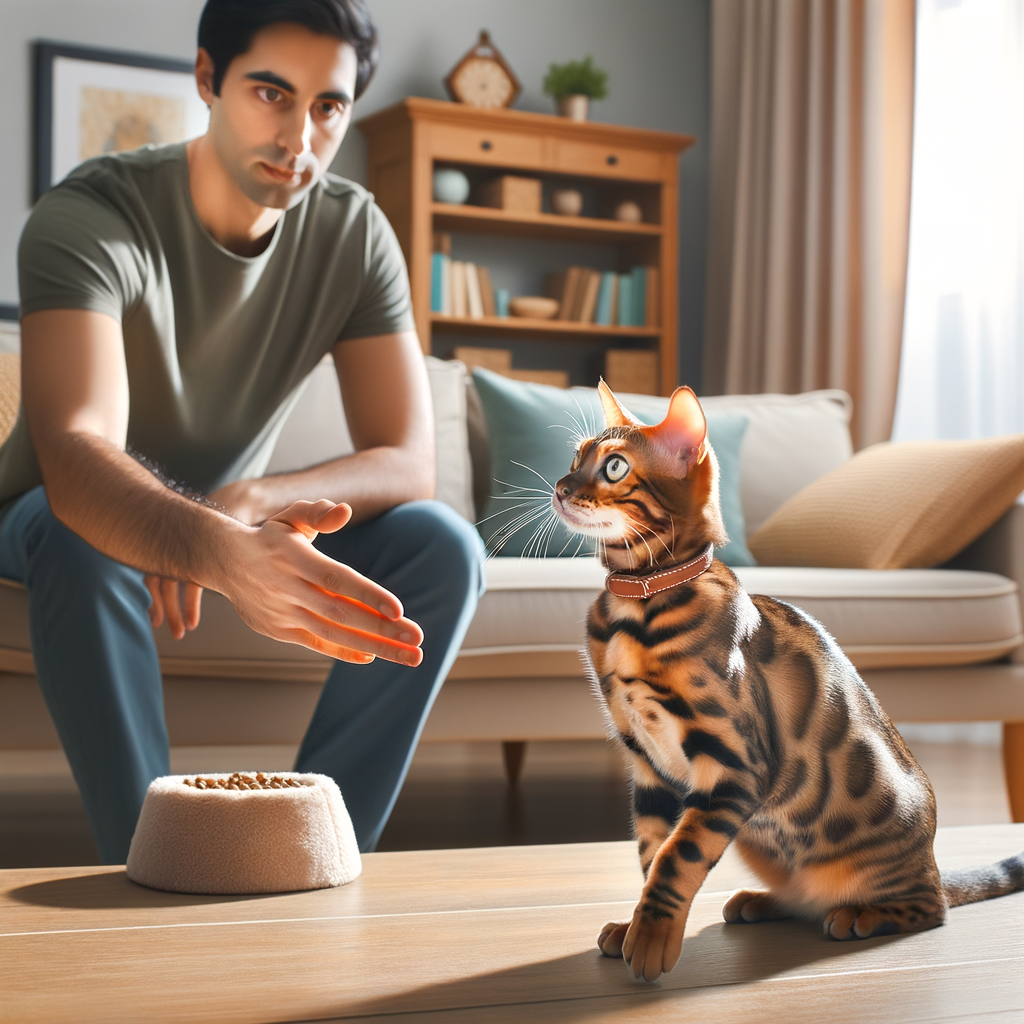 Bengal cat attentively responds to owner's call in a well-lit living room, showcasing successful recall training and Bengal cat obedience.