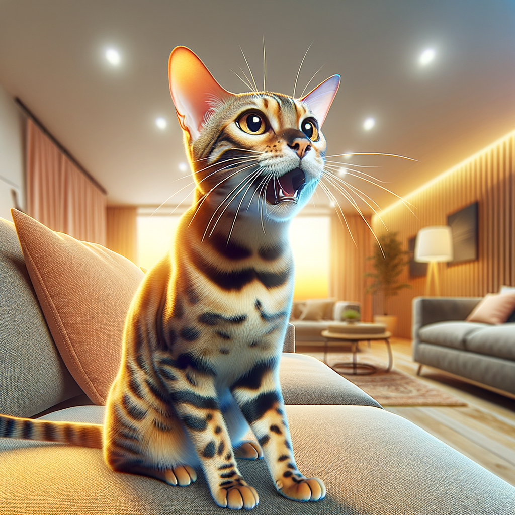 Bengal cat sitting on a cozy couch, ears perked and mouth open mid-meow, showcasing vocalizations and expressive body language in a modern living room.